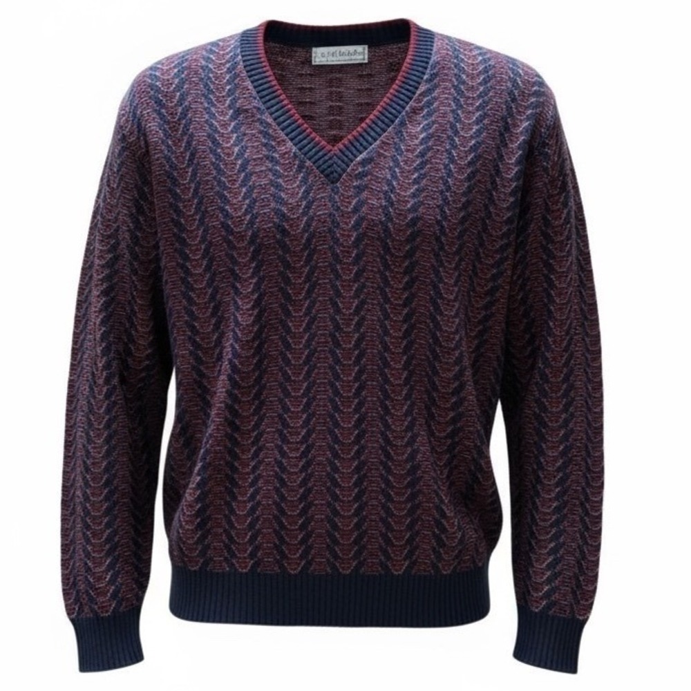 Vintage Crossings Fine Line V-Neck Sweater Chevron Pattern Knit Pullover Large